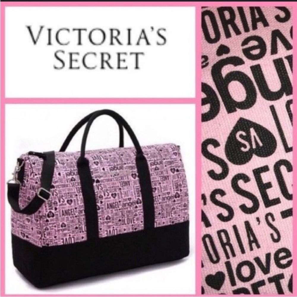 Victoria’s Secret Pink and Black Logo Printed Duffle Weekender Bag VS Love Angel